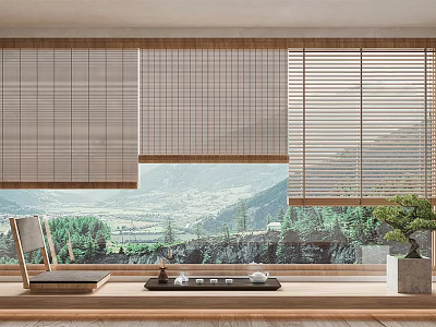 Natural Material Window Blinds Framing Mountain View With Wooden Windowsill Tea Set And Green Plant 3d model