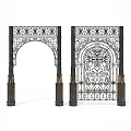 Wrought Iron Arched Gate And Decorative Door With Intricate Patterns And Pillars