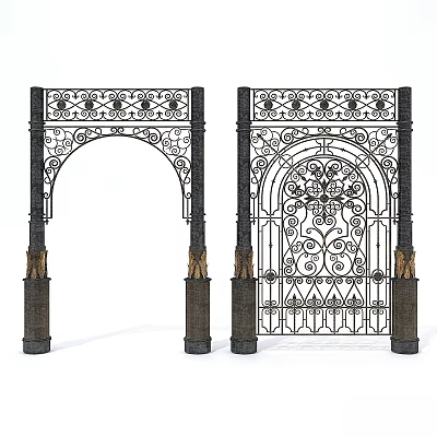 Wrought Iron Arched Gate And Decorative Door With Intricate Patterns And Pillars 3d model