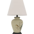 Beige Ceramic Vase Shaped Table Lamp With Bird And Branch Patterns And White Lampshade