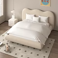Cozy Kids Bed With Curved Headboard White Bedding And Square Patterned Rug
