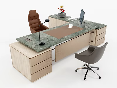 Modern Office Desk With Wooden Frame Marble Top Computer Monitor Table Lamp Brown Leather And Gray Chairs 3d model