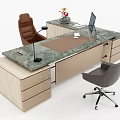 Modern Office Desk With Wooden Frame Marble Top Computer Monitor Table Lamp Brown Leather And Gray Chairs
