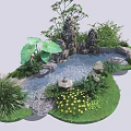 Decorative Garden Ornament with Rockery Small Pond Lotus Leaves and Green Plants