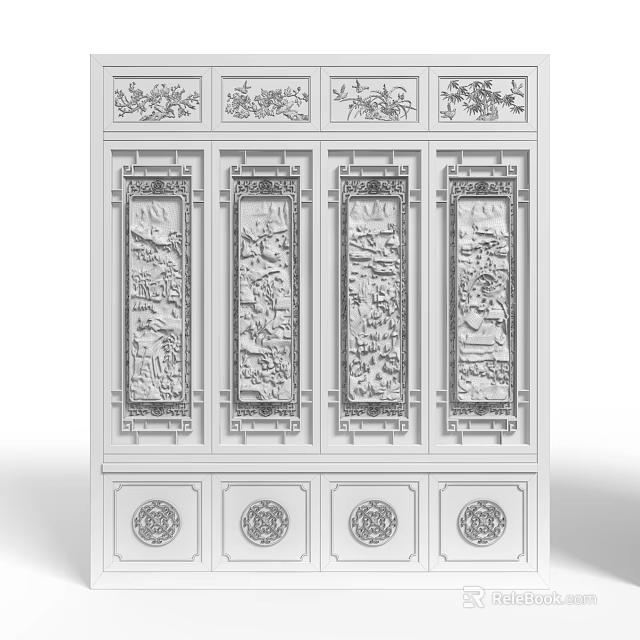 Traditional Chinese Style Swing Door With Intricate Carved Patterns And Decorative Panels 3d model 