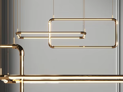Elegant Modern Golden Chandelier With Rectangular Linear Brass Frame Design 3d model