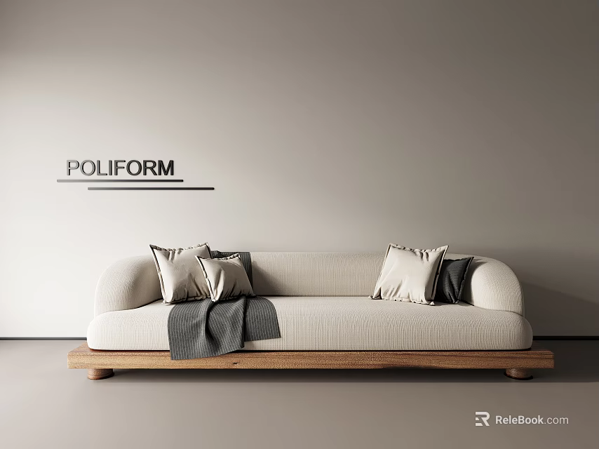 Poliform Three Seater Sofa With Light Colored Upholstery Accent Pillows Throw Blanket And Wooden Base 3d model 