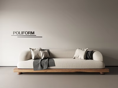 Poliform Three Seater Sofa With Light Colored Upholstery Accent Pillows Throw Blanket And Wooden Base 3d model