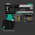 Sleek Futuristic Sci Fi Weapon Featuring Black White Teal Colors Yellow Accents and Warning Symbol