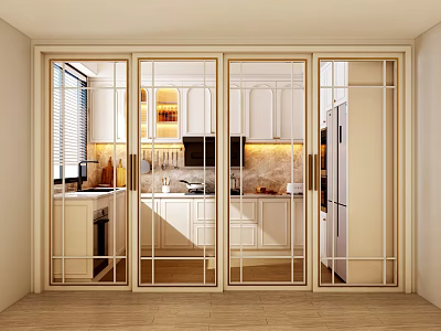 Modern Kitchen Interior With Bright Glass Sliding Doors White Cabinets And Countertop 3d model