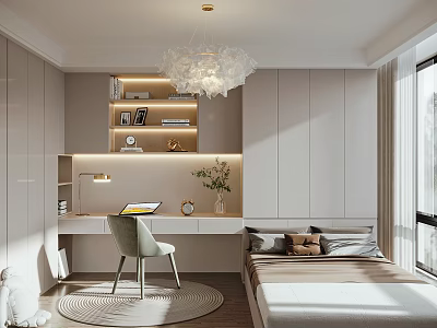Modern Tatami Bedroom Interior With White Cabinets Bookshelf Desk Chair And Chandelier 3d model