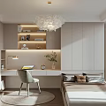 Modern Tatami Bedroom Interior With White Cabinets Bookshelf Desk Chair And Chandelier