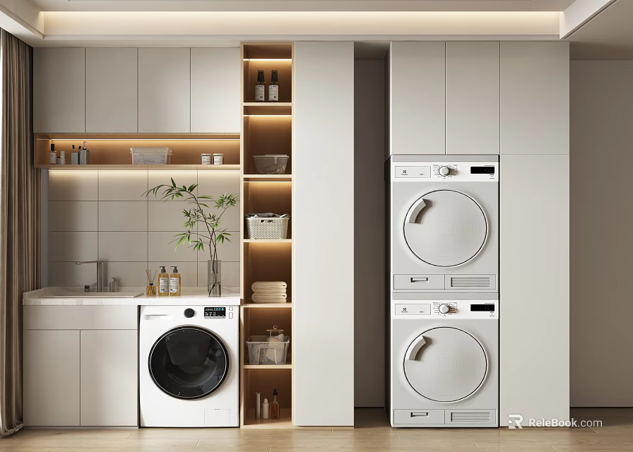 Modern Home Balcony With Stacked Washer Dryer White Cabinets Open Shelves And Green Plant 3d model 