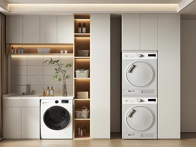 Modern Home Balcony With Stacked Washer Dryer White Cabinets Open Shelves And Green Plant 3d model