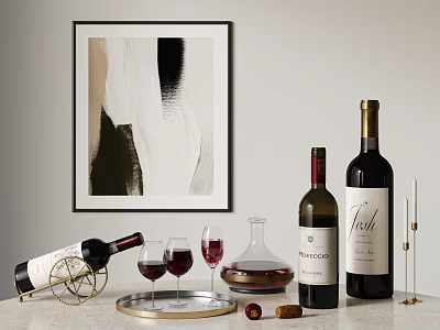 Red Wine Bottles Decanter And Glasses On Tray With Wall Artwork 3d model