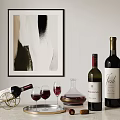 Red Wine Bottles Decanter And Glasses On Tray With Wall Artwork