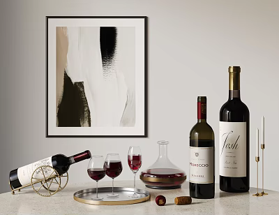 Red Wine Bottles Decanter And Glasses On Tray With Wall Artwork 3d model