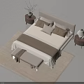 Modern Bedroom Interior With Bed Beige Brown Bedding Wooden Nightstands Lamps And Bench On Rug