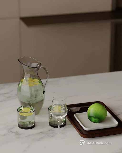 Elegant Glass Tableware Set With Water Jug Cups And Fresh Lime On Tray 3d model 