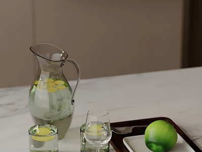 Elegant Glass Tableware Set With Water Jug Cups And Fresh Lime On Tray 3d model