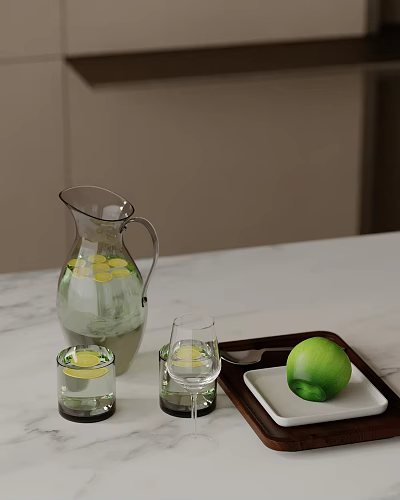 Elegant Glass Tableware Set With Water Jug Cups And Fresh Lime On Tray 3d model
