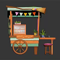 Colorful Mobile Candy Shop Cart With Orange Wheels Pink Stool And Potted Plants