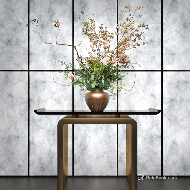 Bonsai Plant with Pink Flowers Green Leaves in Brown Vase on Glass Table Metal Frame 3d model 