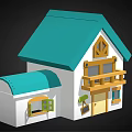 Cartoon Style House With Teal Roof Yellow Door Wooden Balcony And Striped Awning