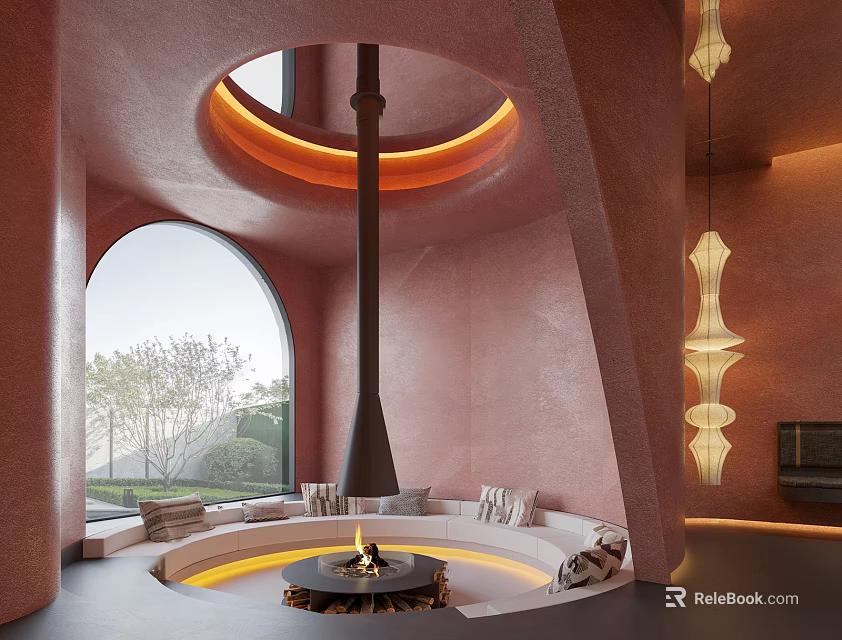 Hotel Lobby Interior Featuring Circular Fireplace Arched Window Pink Walls Sofas And Hanging Pendant Lights 3d model 