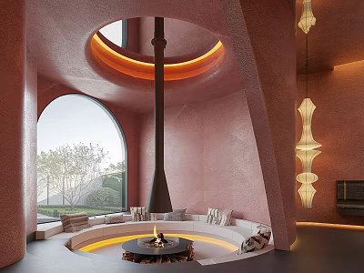 Hotel Lobby Interior Featuring Circular Fireplace Arched Window Pink Walls Sofas And Hanging Pendant Lights 3d model