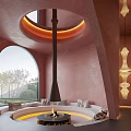 Hotel Lobby Interior Featuring Circular Fireplace Arched Window Pink Walls Sofas And Hanging Pendant Lights