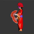 Traditional Chinese Opera Performer In Red Embroidered Costume With Fan And Stick