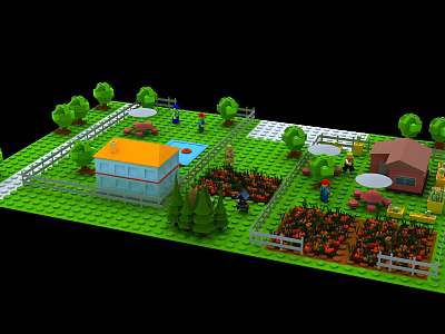 Cartoon Farm Scene With Colorful Houses Gardens Crops And Animals 3d model