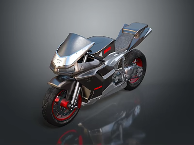 Futuristic Silver Motorcycle With Streamlined Body Red Accent Wheels And Metallic Reflective Surface 3d model