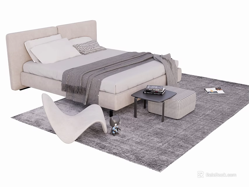 Modern Double Bed with Light Colored Headboard White Pillows Gray Blanket Side Table and Gray Rug 3d model 
