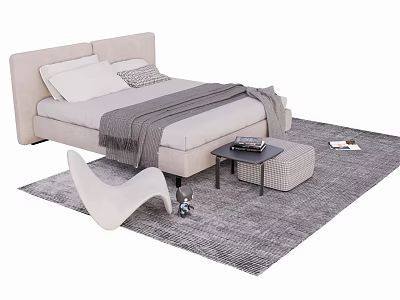 Modern Double Bed with Light Colored Headboard White Pillows Gray Blanket Side Table and Gray Rug 3d model