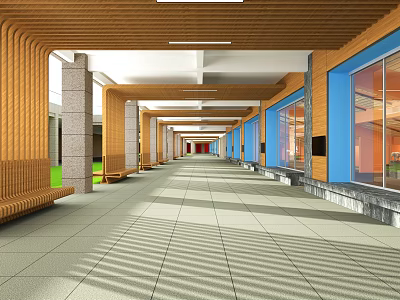 Bright Modern Elevator Hallway With Wooden Columns Blue Windows Benches And Tile Floor 3d model