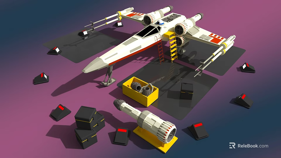 Cartoon Spaceship Repair Scene With Toolbox Ladder Crates And Cones 3d model 