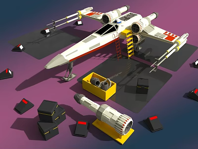 Cartoon Spaceship Repair Scene With Toolbox Ladder Crates And Cones 3d model