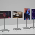 Four Modern TVs On Mobile Wheel Stands Displaying Different Screen Content 3d model