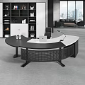 Modern Executive Office Desk With Curved Black White Top Bookshelf City View And Black Chair
