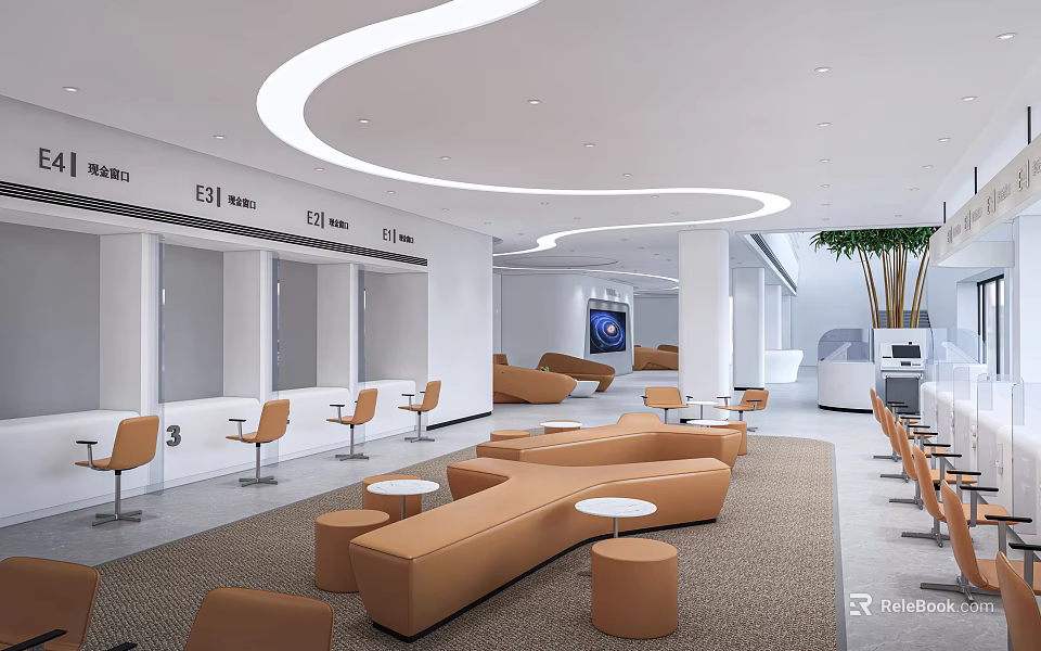 Modern Service Hall Interior Design With Waiting Area Comfortable Seats And Curved Lighting 3d model 
