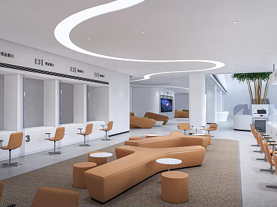 Modern Service Hall Interior Design With Waiting Area Comfortable Seats And Curved Lighting 3d model