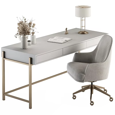 Modern Gray Desk With Gold Frame Lamp Vase Dried Flowers And Comfortable Gray Chair 3d model