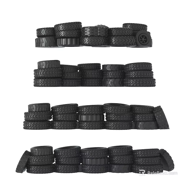 Stacked Tires in Neat Layers with Various Sizes and Tread Patterns 3d model