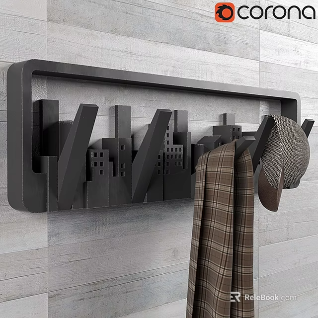 Black City Skyline Coat Rack With Plaid Coat And Hat 3d model 