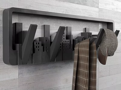 Black City Skyline Coat Rack With Plaid Coat And Hat 3d model