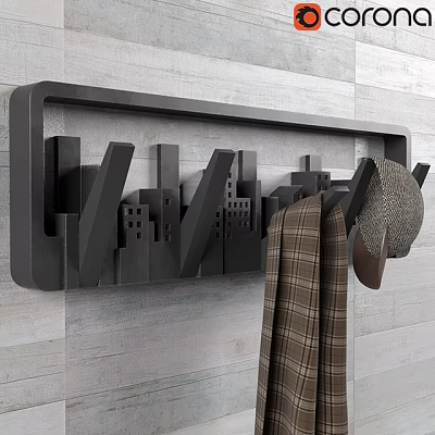 Black City Skyline Coat Rack With Plaid Coat And Hat 3d model