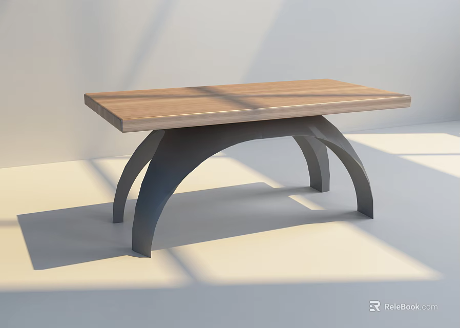 Minimalist Dining Table With Wooden Tabletop And Curved Metal Legs In Light Shadow Effects 3d model 