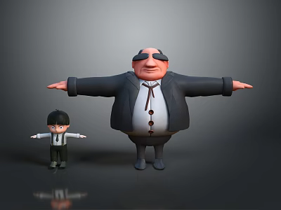 Cartoon Style Game Film Characters Tall Obese And Small Figures In Black Suits Arms Outstretched 3d model